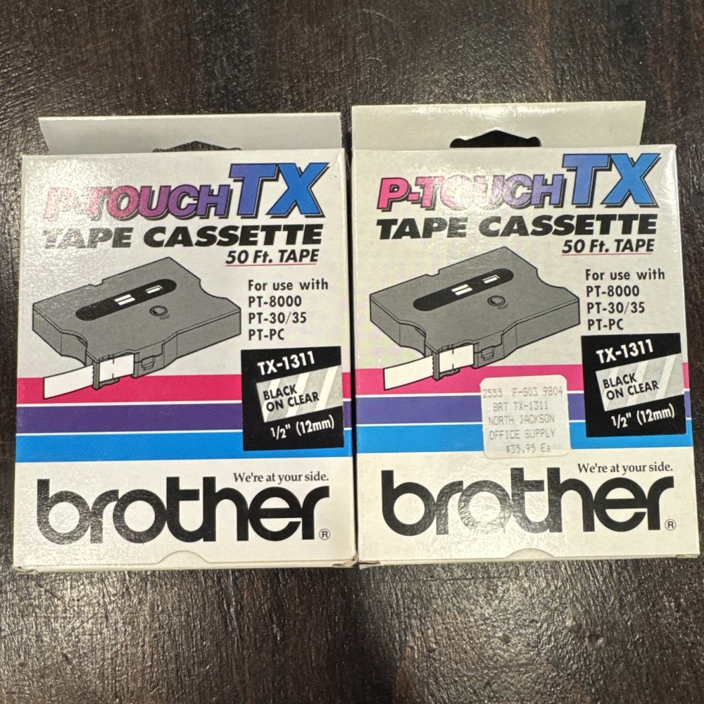 2 Brother P-Touch TX TX-1311 Tape Cassette Black on Clear 1/2 in 50 ft Thermal